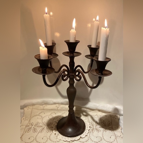 Vintage Other - Vintage 4 arms wood and metal dark brown Caladebra 5 candles candle‎ holder